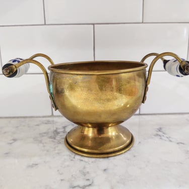 Vintage Copper Pot with Dual Delft Handles Patina 