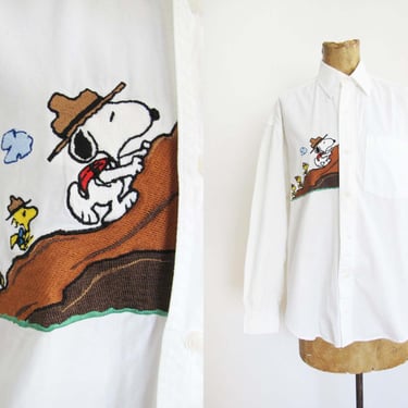 90s Embroidery Snoopy Button Up Shirt M - Vintage 1990s Camp Snoopy Woodstock Camper Hiking White Button Down Shirt 