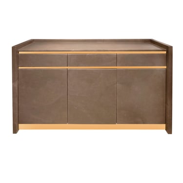 Karl Springer Rare Credenza in Taupe Leather and Brass 1985 (Signed and Dated)