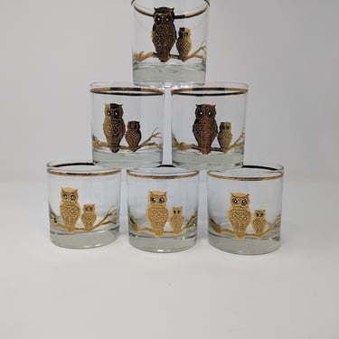 Vintage Culver Gold Owl Set of 6 Lowball Cocktail Glasses Mid-Century Barware Set with Gold Owls 