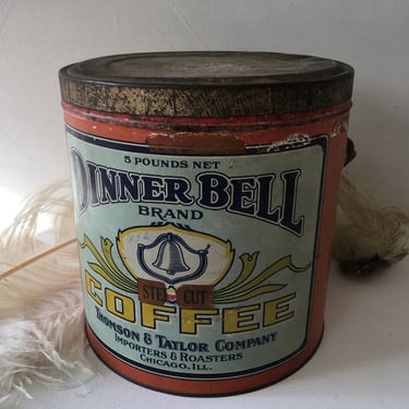 Antique Dinner Bell 5 Pound Coffee Tin, Lidded Tin With Handle, Coffee Decor, Farmhouse Decor, Coffee Lovers, Chicago, Thomson And Taylor 