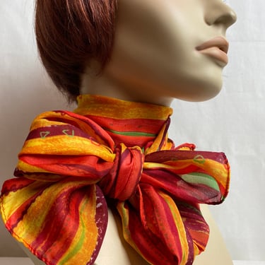 VTG Pretty silky poly scarf vivid autumn colors abstract pattern long thin rectangular head scarf neckerchief pussycat bow 