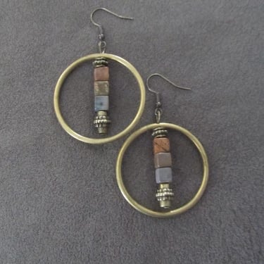 Antique brass and earth toned jasper hoop earrings 