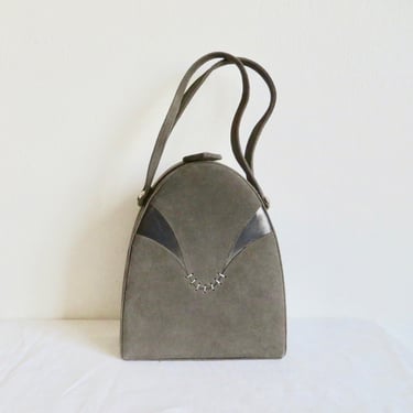 Vintage 1950's Gray Suede Oval Structured Purse Double Top Handles Silver Metal Hardware Rockabilly Swing 50's Handbags Melbourne Bags 