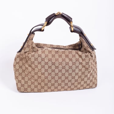 Vintage Gucci Britt Medium Horsebit Hobo Bag Canvas + Leather GG Monogram Web Y2K Tom Ford Minimal Shoulder Bag 