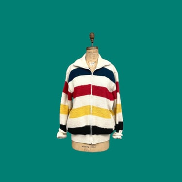 Vintage Jacket Retro 1980s LL Bean + Hudson Bay Style + Multi Striped + Size Large + 100% Wool + Zip Up Sweater + Unisex Apparel 