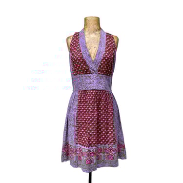 Vintage 1970s Cotton Indian Block Print Mini Dress, 70s India Imports Sleeveless Boho Festival Sun Dress, Small-Medium, VFG 