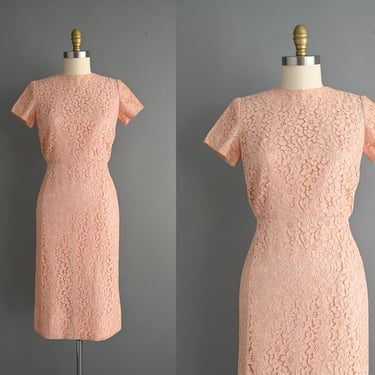 vintage 1950s Dress | Pink Cotton Lace Wiggle Dress  | Medium 