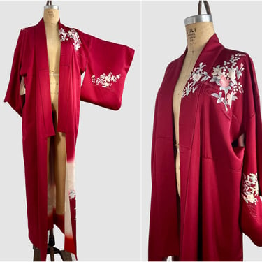 JAPANESE GARDEN Vintage Traditional Kimono | Cranberry with Floral Peacock Print | 70s 1970s to 80s 1980s Asian Robe Coat, Japan | Open Size 