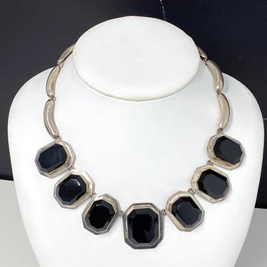 Vintage Statement Black Onyx & Sterling Silver Linked Necklace Octagon Mexico 