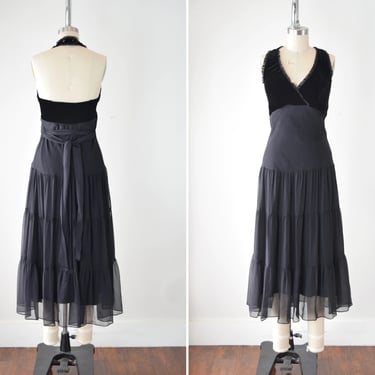Silk Chiffon & Velvet Midi Dress Med / Tiered Ruffle Dress / Black Halter Dress /Halter Ruffle Dress /Silk Tie Waist Dress /Backless Dress 