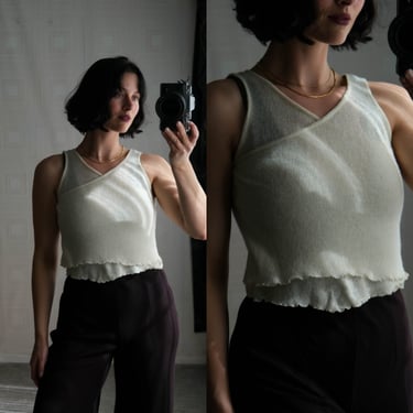 Vintage Y2K Casmari Cashmere Cropped Wrap Style Cream Tank Top Sweater | Lettuce Hem | Hand Loomed In The USA | 2000s Designer Sweater Top 