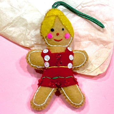 VINTAGE: Felt Beaded Sequin Ginger Cookie Ornament - Pillow Ornament - Rat - Christmas - Holidays - Pillow Ornament 