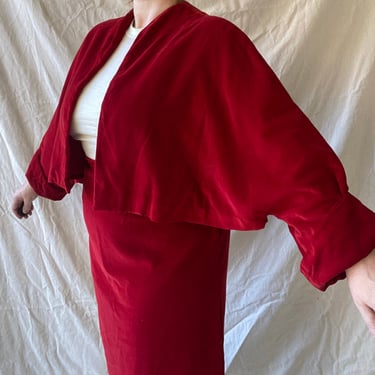 60s Cranberry Velvet Skirt Suit with Batwing Sleeve Jacket Size L / XL 