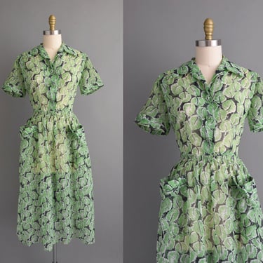 vintage 1950s dress | Black & Green Leafy Print Chiffon Shirtwaist Dress | Large | 50s dress 