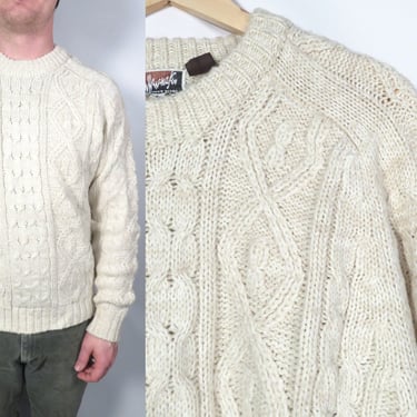 Vintage 70s Oatmeal Cable Knit Comfy Cozy Unisex Sweater Size M/L 