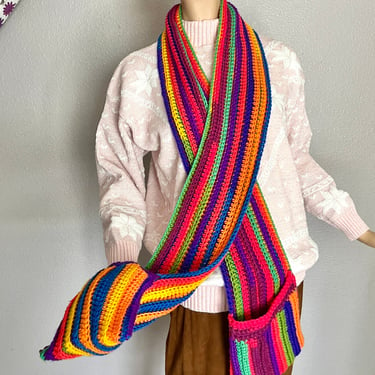 Rainbow Colors Scarf, Hand Knit Accessory, Winter Scarf with Hand Warmers, Vintage Hand Made, Brite Colors, Hippie Festival 