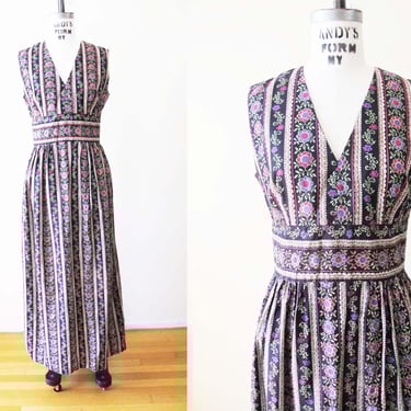 Vintage 60s Floral Stripe Sleeveless Maxi Dress M - 1960s Black Pink Folk Alpine Print Long V Neck Maxi Sundress 