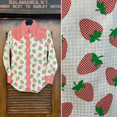 Vintage 1960’s -Deadstock- Strawberry Design Mod Glam Western Pop Art Shirt Top, 60’s Picnic Print, Vintage Clothing 