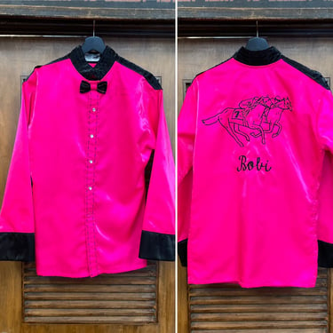 Vintage 1980’s Neon Pink x Black Jockey Race Horse Satin Jacket Top, 80’s New Wave, Vintage Racing Jacket, Vintage Clothing 