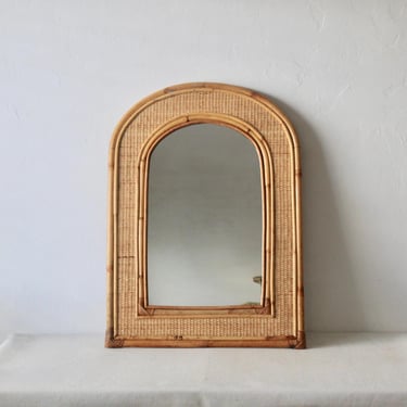 1970s Vintage Bamboo Wall Mirror with Pencil Reed Detail Convex Top Mid-century 