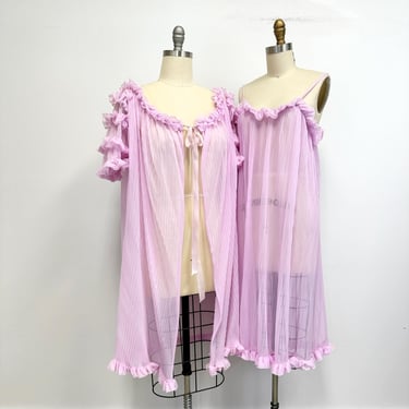 Vintage 60s Peignoir Set | Lavender Ruffled Sheer Nightgown and Robe | Size Large 