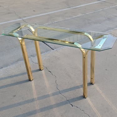 Vintage Brass + Glass Entryway | Sofa | Hall Table | Hollywood Regency | Mid Century | MCM | Art Deco | Flat Bar Metal Frame | Art Deco 