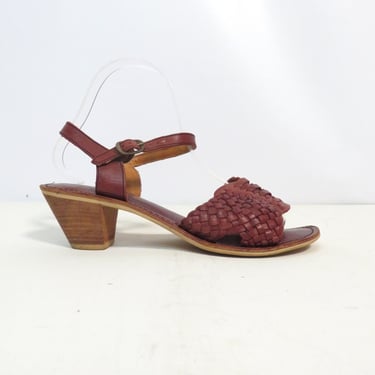 Vintage 70s Woven Leather Wood Block Heel Hush Puppies Sandals Made In Brazil Size 7.5 