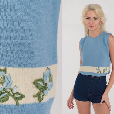 60s Knit Tank Top Blue Wool Cropped Blouse Striped Floral Mod Sleeveless Shirt Retro Rose Boxy Crop Top Simple Girly Vintage 1960s Medium M 