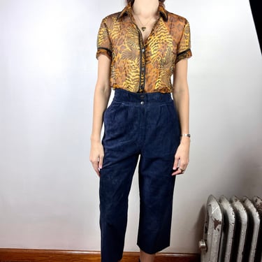 Vintage 90s 80s Navy Suede Cropped Pants / Vintage 1980s 1990s Blue Suede Leather Pants  / XS Small 