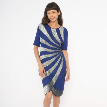 vintage beaded dresses Blue Unique Beaded Satin Dress With Lace-Up Back And Leg Slit
