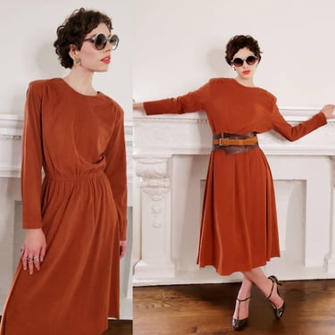 1980s Long Sleeved Day Dress Rust Brown Terracotta Elastic Waist Tabby of California / Large 