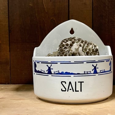 Large Antique Salt Box Yvonne 360 Czechoslovakia | Blue + White Salt Cellar | European Blue + White Pottery | Salt Box | Wall Mount 