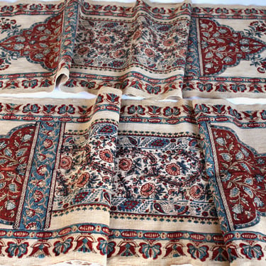 Two Vintage Zafrani Hand Block Print Indigo Cotton Linen Fringe Trim Table Runners - Bohemian Home Decor Textiles 