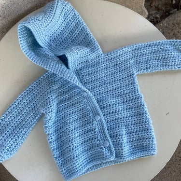 Vintage knit light blue sweater cardigan button hood size 6-12 month baby boy 