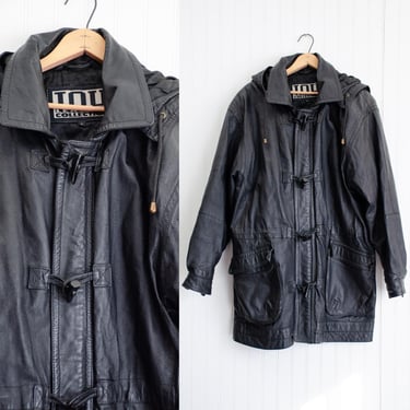 black leather jacket 80s 90s vintage IOU oversized hooded black duffle coat 