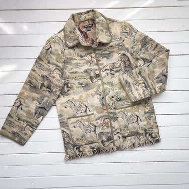 tapestry jacket 90s vintage Tally Ho zebra elephant leopard safari animals woven coat 