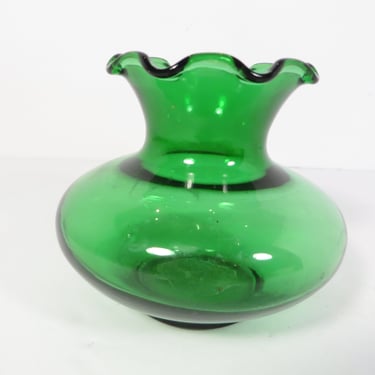 Mid Century Green Glass Bud Vase - Green Glass Ruffled Edge Vase 