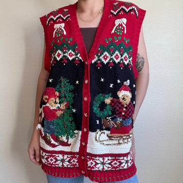 Vintage 90s Womens Bear Christmas Sled Hand Knit Ugly Sweater Vest Sz XL 