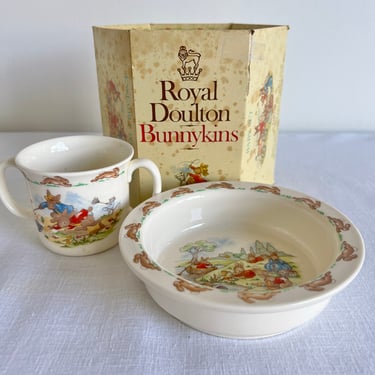 Vintage BUNNYKINS Royal Doulton 2-Piece Children's Fine China Feeding Gift Set, Baby Plate and Two-Handled Mug in Original Box 