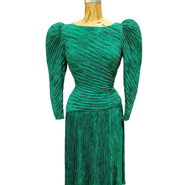 Mary McFadden Couture Emerald Green Silk Plisse Dress 