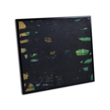 1960s Black Green Gold Ochre Expressionist Color Field Square Oil Painting Nakamura 