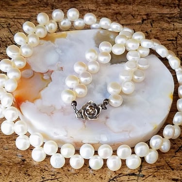 Vintage Pearl Choker with Sterling clasp~Creamy White Potato Pearls~Sterling Silver 925 Bali Rose Clasp~Gifts for Her~JewelsandMetals 