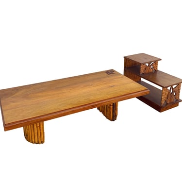 Restored Mid Century Hand Carved Palm Leaf Koa Wood Coffee & Side Table Set 