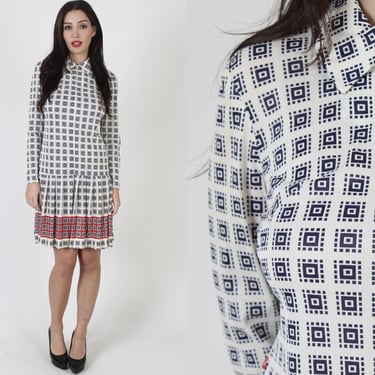 Classic 60s Geometric Print Drop Waist Kick Pleat Micro Mini Dress 