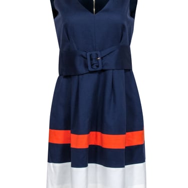 Kate Spade - Navy, Orange, & White Color Block Belt Detail Dress Sz 8