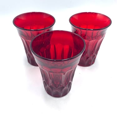 Noritake Perspective Red Tumblers, Set of 3, Vintage Ruby Glasses, Thumbprint Panels, 70s 80s Retro Drinkware, Barware, Holiday Glass, 10 oz 