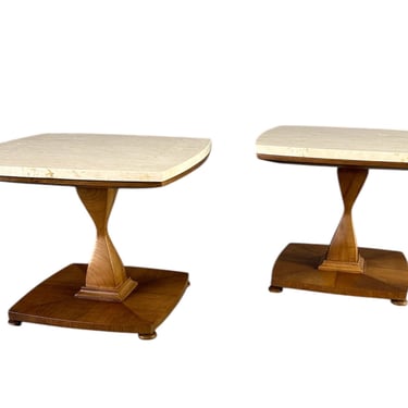 Mid Century Drexel Travertine and Walnut Side Tables