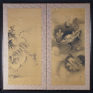 Japan Byobu Fuji and Taka Zen Sumi-e ink antique painting 1750 