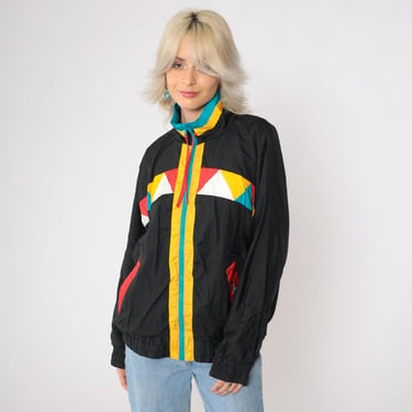 90s Color Block Windbreaker Black Striped Vintage Zip Up Track Jacket Warmup Retro Streetwear Lined Nylon 1990s Geometric Oversized Medium M 